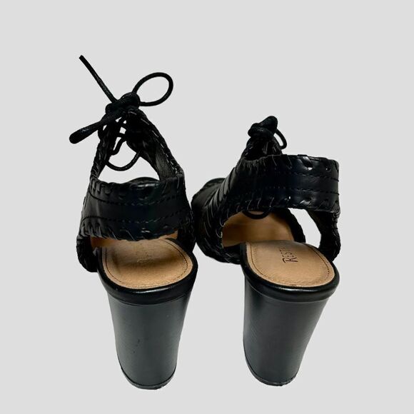 Restricted Faux Leather Black Woven Sandals Block Heels Tie Laces Pumps Summer - Picture 5 of 9